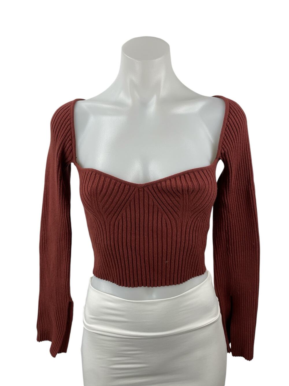 Urban Outfitters Brown Ribbed Knit Long Sleeve Bustier Corset Crop Top Size M